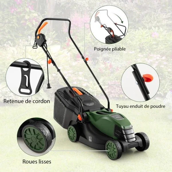 Tondeuse à Gazon Électrique Filaire 1500 W 4015 TR/Min Boîte de Collecte 35 L 3 Hauteur Réglables 25-65 MM Largeur de Coupe 34 CM Vert