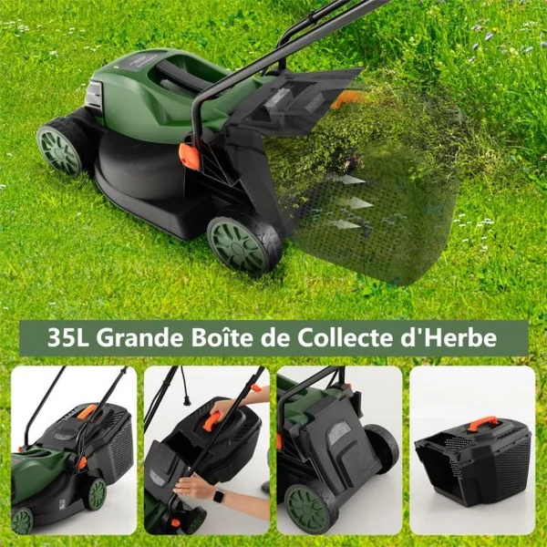 Tondeuse à Gazon Électrique Filaire 1500 W 4015 TR/Min Boîte de Collecte 35 L 3 Hauteur Réglables 25-65 MM Largeur de Coupe 34 CM Vert