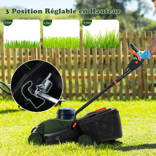 Tondeuse à Gazon Électrique Filaire 1500 W 4015 TR/Min Boîte de Collecte 35 L 3 Hauteur Réglables 25-65 MM Largeur de Coupe 34 CM Vert