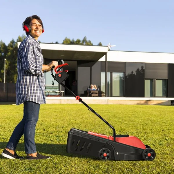 Tondeuse à Gazon Électrique à fil 1200W Hauteur Réglable à 3 Niveaux Bac de Ramassage 30L Largeur de Coupe 32cm, Rouge