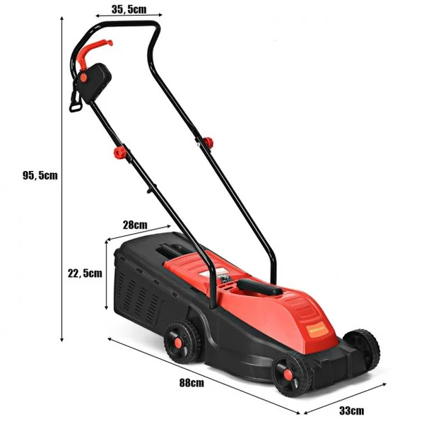 Tondeuse à Gazon Électrique à fil 1200W Hauteur Réglable à 3 Niveaux Bac de Ramassage 30L Largeur de Coupe 32cm, Rouge