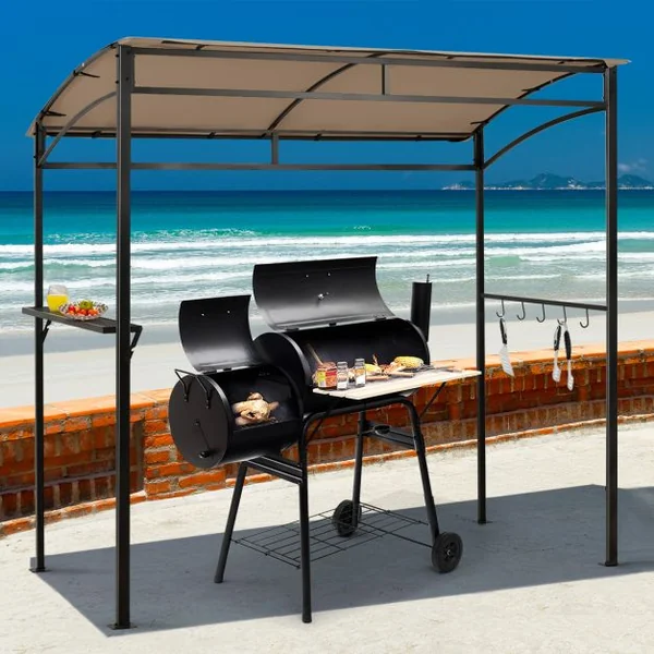 Tonnelle Barbecue Exterieur de 216 cm Cadre en Métal Imperméable Abri Barbecue avec Étagère de Service et Crochets de Rangement Belvédère pour Jardin Cour Marron