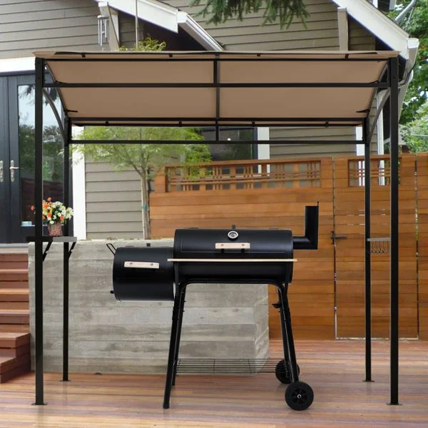 Tonnelle Barbecue Exterieur de 216 cm Cadre en Métal Imperméable Abri Barbecue avec Étagère de Service et Crochets de Rangement Belvédère pour Jardin Cour Marron