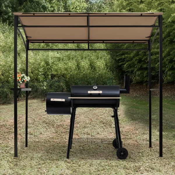 Tonnelle Barbecue Exterieur de 216 cm Cadre en Métal Imperméable Abri Barbecue avec Étagère de Service et Crochets de Rangement Belvédère pour Jardin Cour Marron