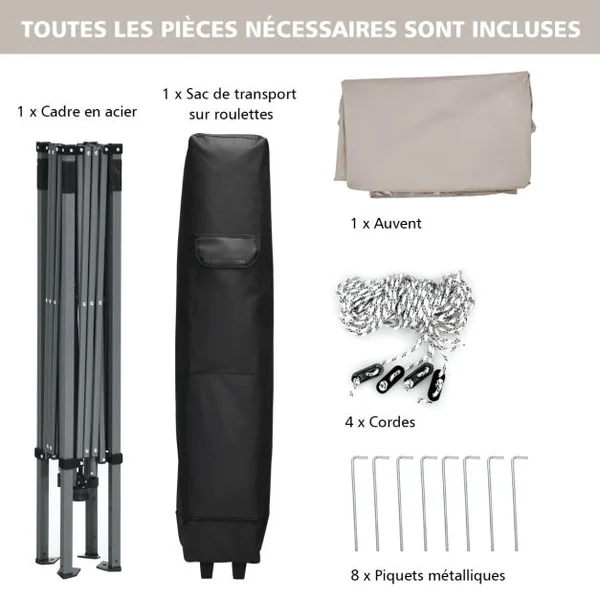 Tonnelle de Jardin 3x3m Pliante Tente de Réception Réglable avec Parois Latérales Amovibles et Sac à dos à Roulettes Gris
