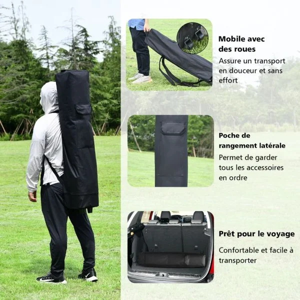 Tonnelle de Jardin 3x3m Pliante Tente de Réception Réglable avec Parois Latérales Amovibles et Sac à dos à Roulettes Gris