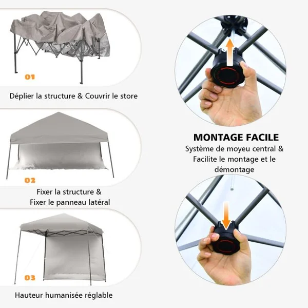 Tonnelle de Jardin 3x3m Pliante Tente de Réception Réglable avec Parois Latérales Amovibles et Sac à dos à Roulettes Gris
