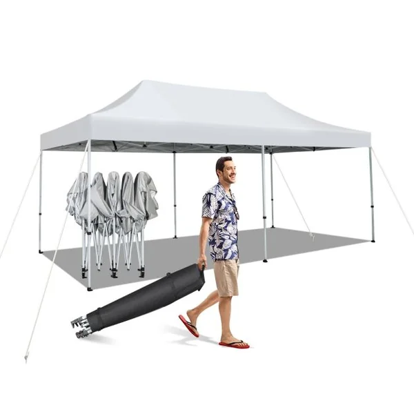 Tonnelle de Jardin Barnum Instantanée 3x6x3m Portable Imperméable SFP +50 avec Roues et Sac 3 Hauteurs Réglable 20 Personnes