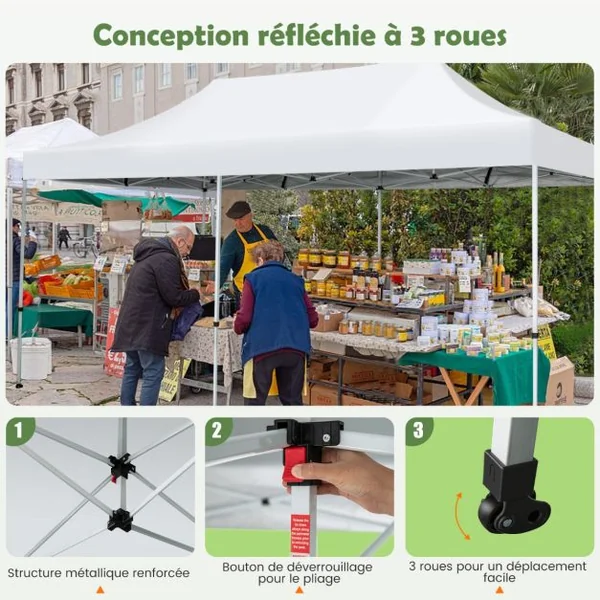 Tonnelle de Jardin Barnum Instantanée 3x6x3m Portable Imperméable SFP +50 avec Roues et Sac 3 Hauteurs Réglable 20 Personnes