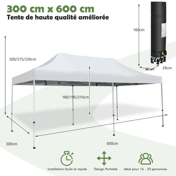 Tonnelle de Jardin Barnum Instantanée 3x6x3m Portable Imperméable SFP +50 avec Roues et Sac 3 Hauteurs Réglable 20 Personnes