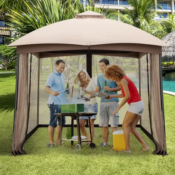 Tonnelle de Jardin Double Toit 296X296CM en Polyester Imperméabilisé Anti UV Tente Réception avec 4 Sacs de Sable 4 Moustiquaires Zippées pour Fête Camping BBQ Marron