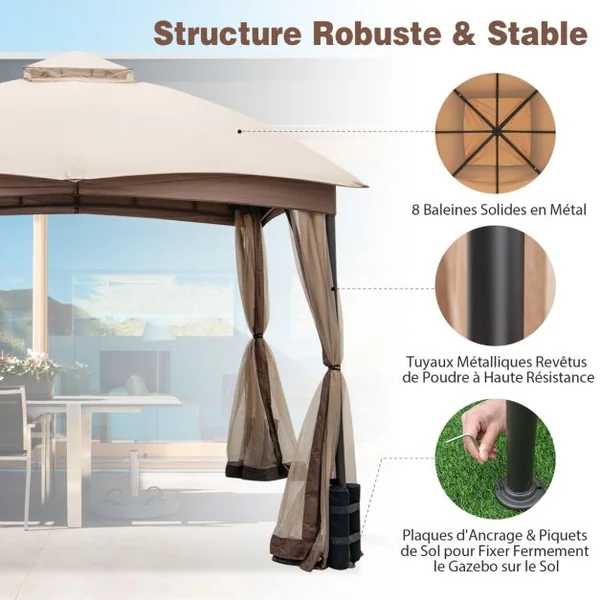 Tonnelle de Jardin Double Toit 296X296CM en Polyester Imperméabilisé Anti UV Tente Réception avec 4 Sacs de Sable 4 Moustiquaires Zippées pour Fête Camping BBQ Marron