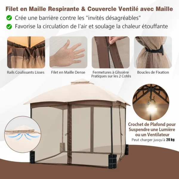Tonnelle de Jardin Double Toit 296X296CM en Polyester Imperméabilisé Anti UV Tente Réception avec 4 Sacs de Sable 4 Moustiquaires Zippées pour Fête Camping BBQ Marron