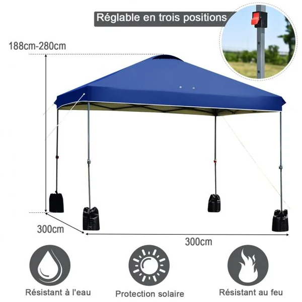 Tonnelle de Jardin Imperméable Piquets de Sol 4 Sacs de Sable Hauteur Réglable Tube en Fer 240x 240x230-250 cm Bleu