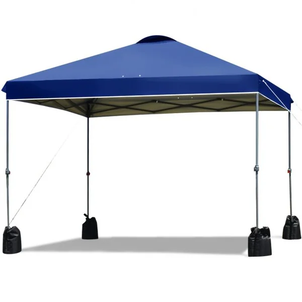 Tonnelle de Jardin Imperméable Piquets de Sol 4 Sacs de Sable Hauteur Réglable Tube en Fer 240x 240x230-250 cm Bleu