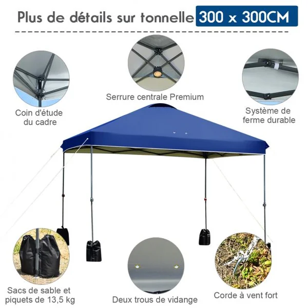 Tonnelle de Jardin Imperméable Piquets de Sol 4 Sacs de Sable Hauteur Réglable Tube en Fer 240x 240x230-250 cm Bleu