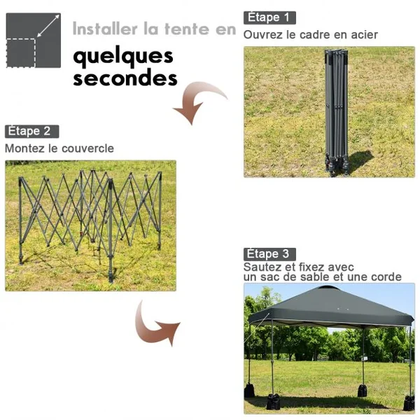 Tonnelle de Jardin Imperméable Piquets de Sol 4 Sacs de Sable Hauteur Réglable Tube en Fer 240x 240x230-250 cm Gris
