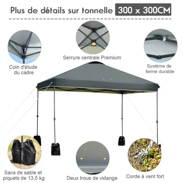 Tonnelle de Jardin Imperméable Piquets de Sol 4 Sacs de Sable Hauteur Réglable Tube en Fer 240x 240x230-250 cm Gris