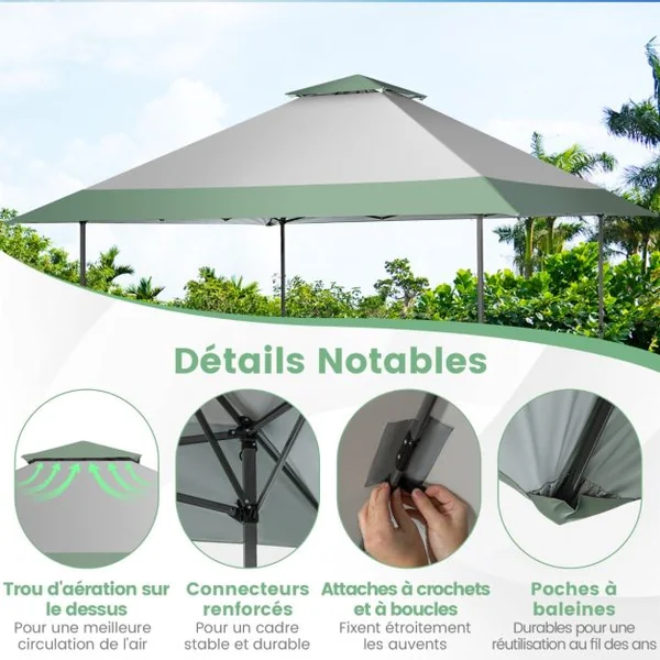 Tonnelle de Jardin Instantanée 4x4m Tente de Jardin Anti-UV Imperméable à 3 Hauteurs 245/275/305CM avec Sac à Roulettes Vert