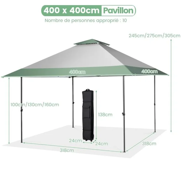 Tonnelle de Jardin Instantanée 4x4m Tente de Jardin Anti-UV Imperméable à 3 Hauteurs 245/275/305CM avec Sac à Roulettes Vert