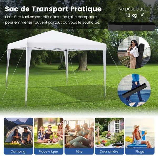 Tonnelle de Jardin Instantanée Pliable 295x295CM Tente de Jardin Anti-UV Imperméable 3 Hauteurs 249/252/255 cm Blanc