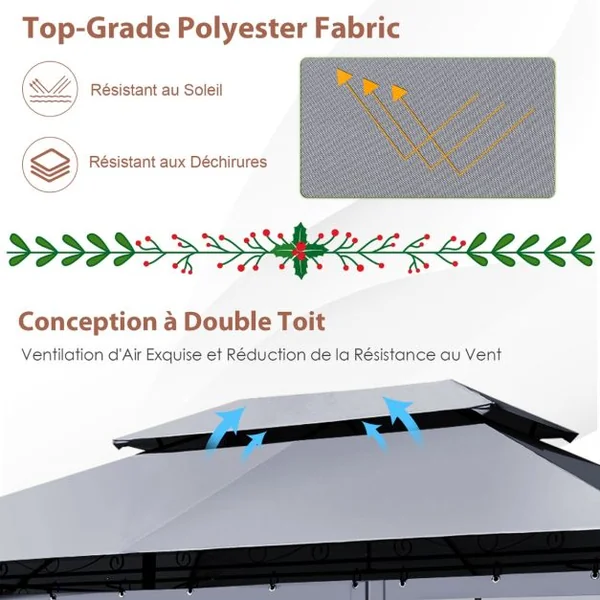 Tonnelle de Jardin Pergola avec Moustiquaires Amovibles 3,9 x 2,9 x 2,7 M (L x l x H) Tente de Réception Gris