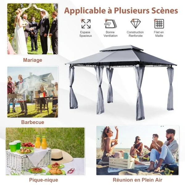 Tonnelle de Jardin Pergola avec Moustiquaires Amovibles 3,9 x 2,9 x 2,7 M (L x l x H) Tente de Réception Gris
