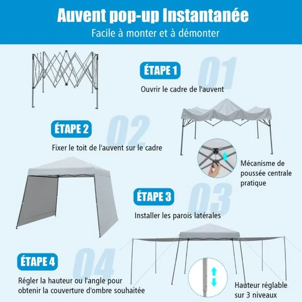 Tonnelle de Jardin Pliable Instantané 300 x 300 cm avec Parois Latérale Amovibles Sac à Roulettes Hauteur Réglable