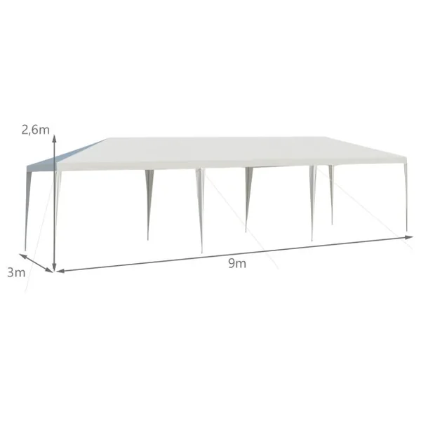Tonnelle de Jardin Pliant 3 x 9 m Tente de Réception Imperméable Tube Métal 8 Cordes à Vent et 16 Piquets pour Fêtes Mariage Blanc
