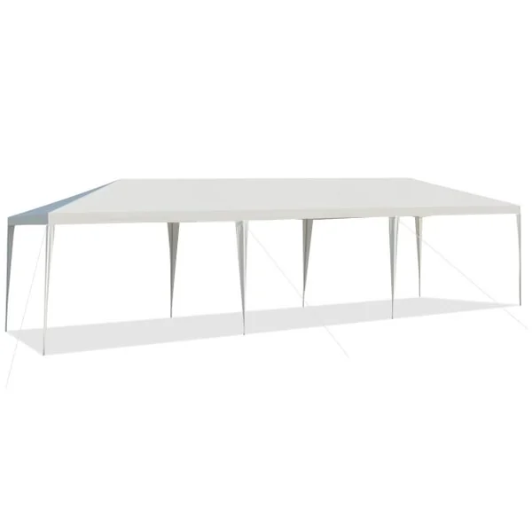 Tonnelle de Jardin Pliant 3 x 9 m Tente de Réception Imperméable Tube Métal 8 Cordes à Vent et 16 Piquets pour Fêtes Mariage Blanc
