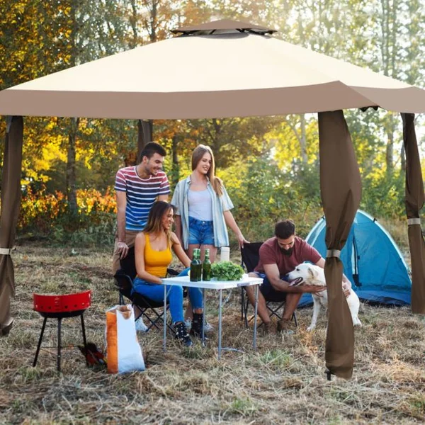 Tonnelle de Jardin Pliante 395 cm x 395 cm Toit à 2 Niveaux Tente de Reception Imperméable Tissu Oxford à 3 Hauteurs Réglables 267-284CM Bleu/Café/Gris