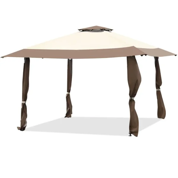 Tonnelle de Jardin Pliante 395 cm x 395 cm Toit à 2 Niveaux Tente de Reception Imperméable Tissu Oxford à 3 Hauteurs Réglables 267-284CM Bleu/Café/Gris