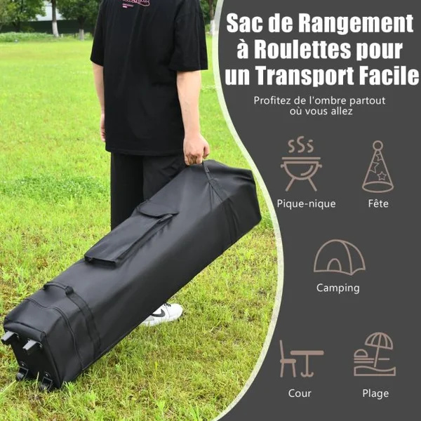 Tonnelle de Jardin Pliante 395 cm x 395 cm Toit à 2 Niveaux Tente de Reception Imperméable Tissu Oxford à 3 Hauteurs Réglables 267-284CM Bleu/Café/Gris