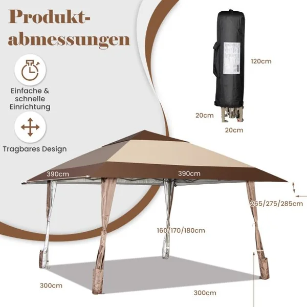 Tonnelle de Jardin Pliante 3M x 3M avec Supports en Fer et Roues Tente de Reception Imperméable UPF 50+ à Hauteur 265-285CM
