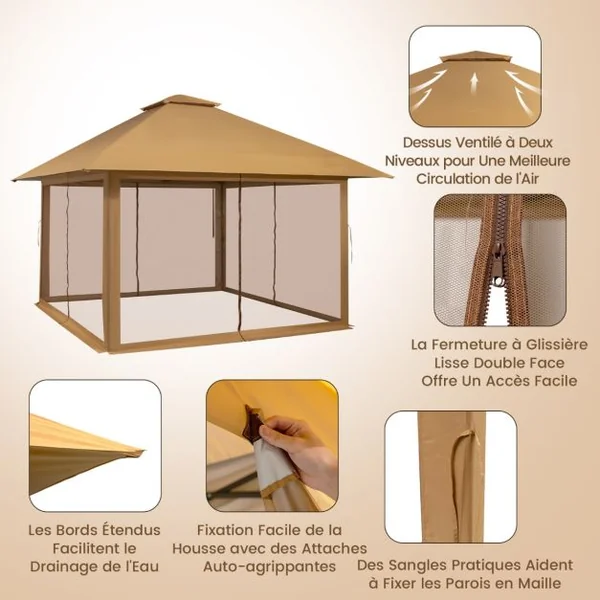 Tonnelle de Jardin Pliante 4 x 4M Pop-up avec Parois Latérales en Maille à Fermeture Éclair Tente Réception Double Toit Hauteur Réglable Brun