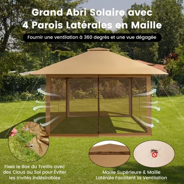 Tonnelle de Jardin Pliante 4 x 4M Pop-up avec Parois Latérales en Maille à Fermeture Éclair Tente Réception Double Toit Hauteur Réglable Brun