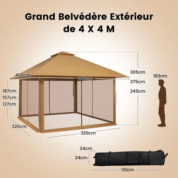 Tonnelle de Jardin Pliante 4 x 4M Pop-up avec Parois Latérales en Maille à Fermeture Éclair Tente Réception Double Toit Hauteur Réglable Brun