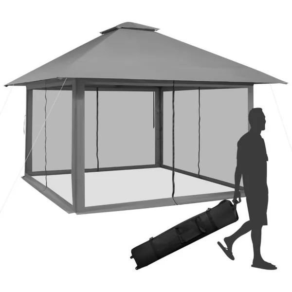 Tonnelle de Jardin Pliante 4 x 4M Pop-up avec Parois Latérales en Maille à Fermeture Éclair Tente Réception Double Toit Hauteur Réglable Gris