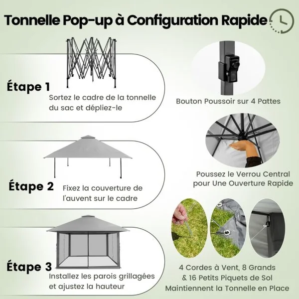 Tonnelle de Jardin Pliante 4 x 4M Pop-up avec Parois Latérales en Maille à Fermeture Éclair Tente Réception Double Toit Hauteur Réglable Gris