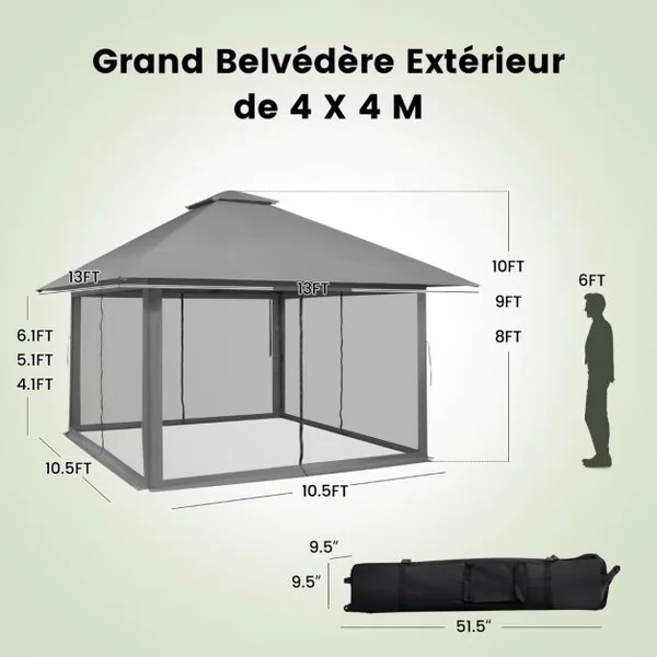 Tonnelle de Jardin Pliante 4 x 4M Pop-up avec Parois Latérales en Maille à Fermeture Éclair Tente Réception Double Toit Hauteur Réglable Gris
