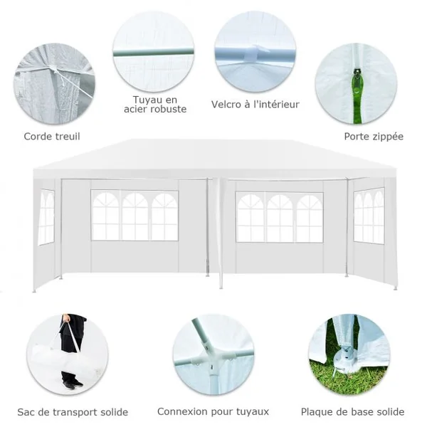Tonnelle de Jardin Tente de Réception 4 Murs Amovibles et Fenêtre sur Côté en Acier et PE 600x300x255cm Blanc