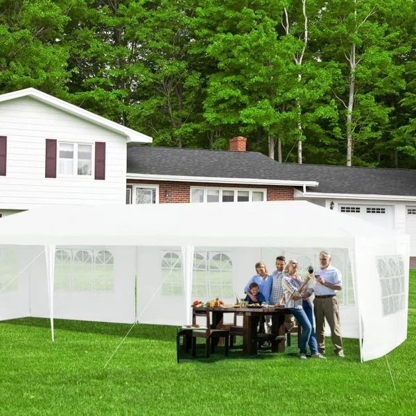 Tonnelle de Jardin Tente de Réception 5 Murs Amovibles et Fenêtre sur Côté en Acier et PE 900x300x260cm Blanc