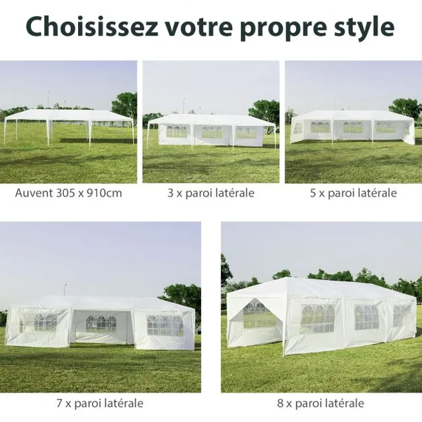 Tonnelle de Jardin Tente de Réception 6 Murs Amovibles et Fenêtre sur Côté en Acier et PE 900x300x260cm Blanc