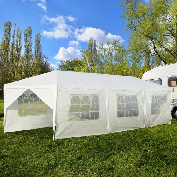 Tonnelle de Jardin Tente de Réception 6 Murs Amovibles et Fenêtre sur Côté en Acier et PE 900x300x260cm Blanc