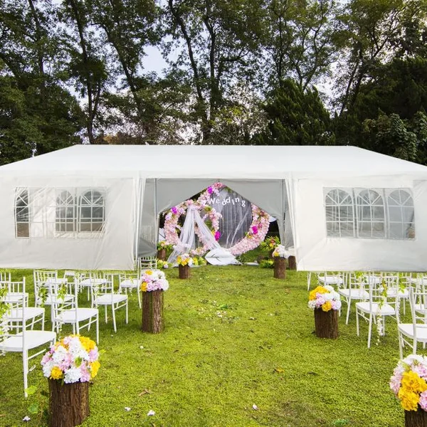 Tonnelle de Jardin Tente de Réception 6 Murs Amovibles et Fenêtre sur Côté en Acier et PE 900x300x260cm Blanc