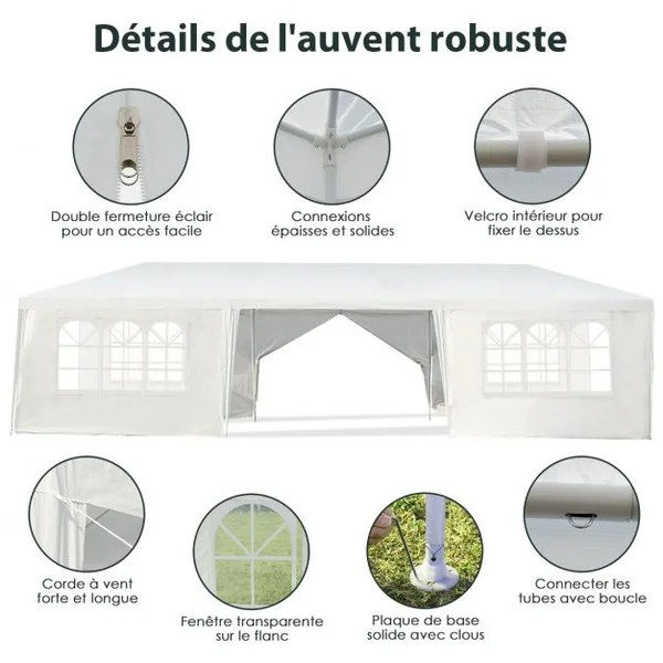Tonnelle de Jardin Tente de Réception 6 Murs Amovibles et Fenêtre sur Côté en Acier et PE 900x300x260cm Blanc