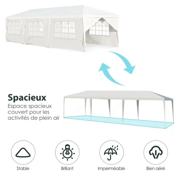 Tonnelle de Jardin Tente de Réception 6 Murs Amovibles et Fenêtre sur Côté en Acier et PE 900x300x260cm Blanc