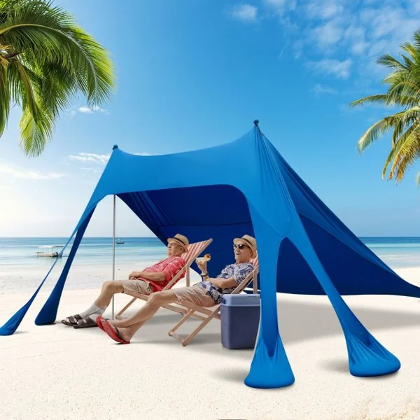 Tonnelle Tente de Plage Portable 3X3M Tissu Lycra Anti UV UPF50+ Abris de Plage Poteaux en Aluminium avec Sac de Transport pour 6-8 Personnes 8 Sacs de Sable Bleu