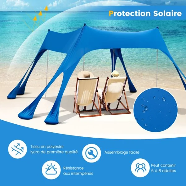 Tonnelle Tente de Plage Portable 3X3M Tissu Lycra Anti UV UPF50+ Abris de Plage Poteaux en Aluminium avec Sac de Transport pour 6-8 Personnes 8 Sacs de Sable Bleu