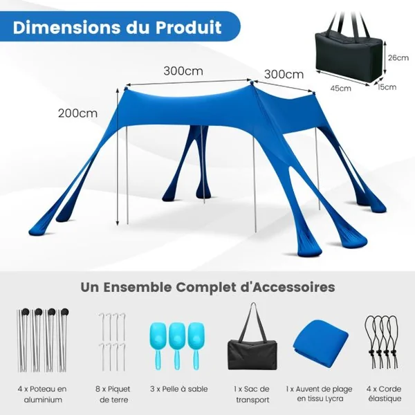 Tonnelle Tente de Plage Portable 3X3M Tissu Lycra Anti UV UPF50+ Abris de Plage Poteaux en Aluminium avec Sac de Transport pour 6-8 Personnes 8 Sacs de Sable Bleu